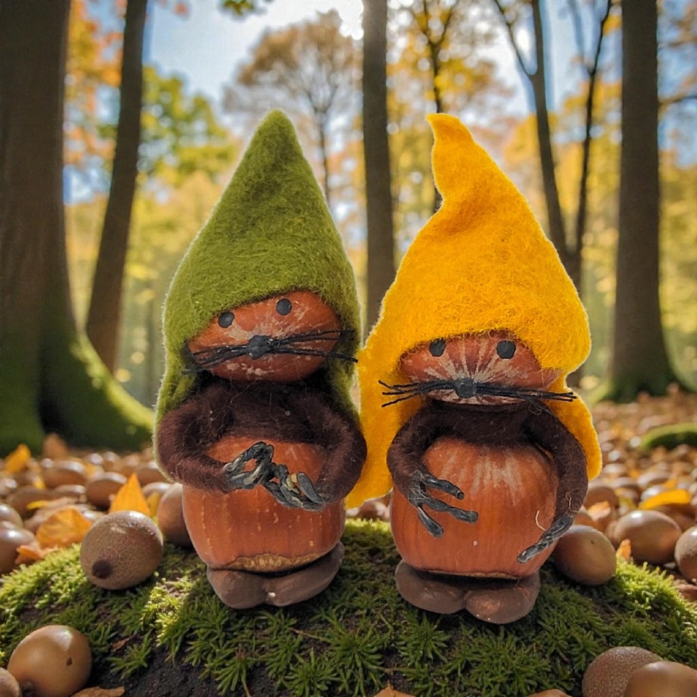 Waldorf Forest Hazelnut Mice Handmade‎ Felted Wool Nut Art Figures Play Set of 2